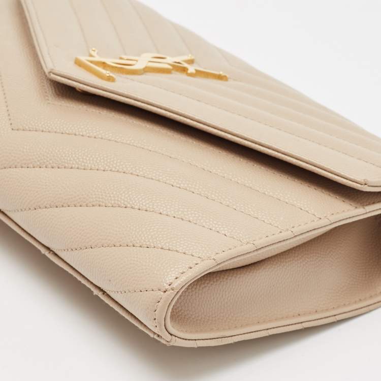 Pre Owned Saint Laurent Beige Matelassé Leather Cassandre Wristlet Pouch