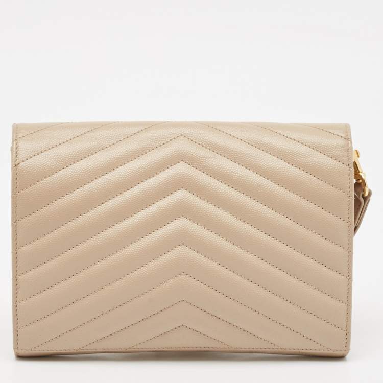 Pre Owned Saint Laurent Beige Matelassé Leather Cassandre Wristlet Pouch