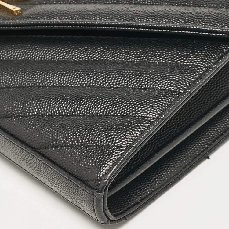 Pre Owned Saint Laurent Black Matelassé Leather Cassandre Envelope Chain Clutch