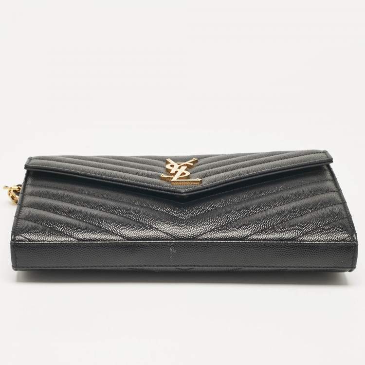 Pre Owned Saint Laurent Black Matelassé Leather Cassandre Envelope Chain Clutch