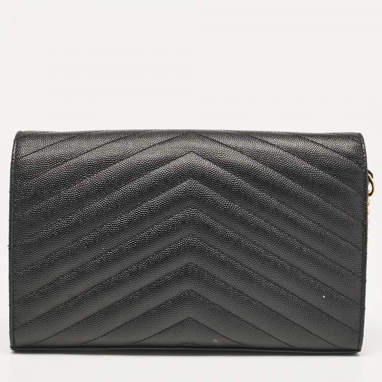Pre Owned Saint Laurent Black Matelassé Leather Cassandre Envelope Chain Clutch