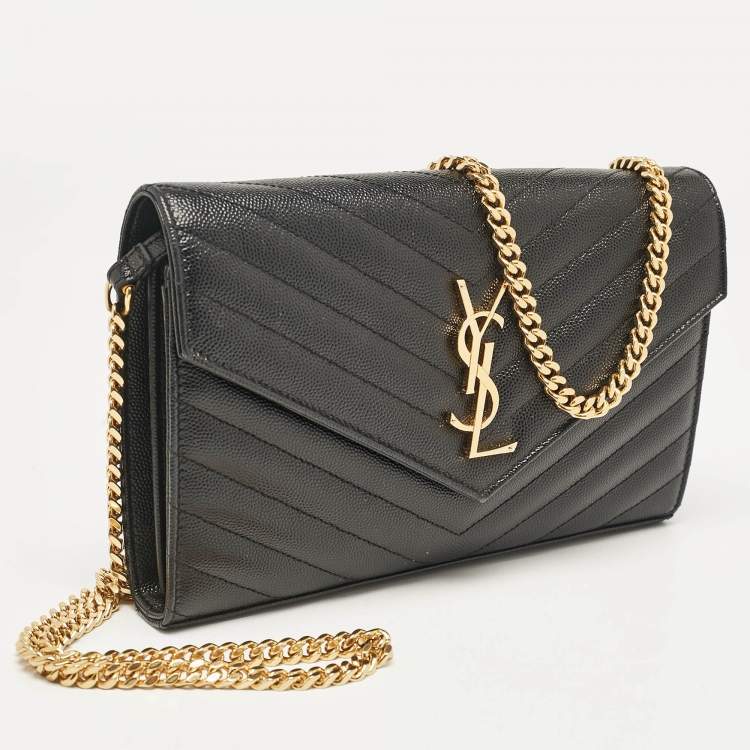 Pre Owned Saint Laurent Black Matelassé Leather Cassandre Envelope Chain Clutch