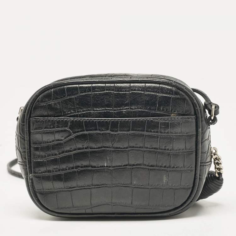 Pre Owned Saint Laurent Black Croc Embossed Leather Blogger Crossbody Bag