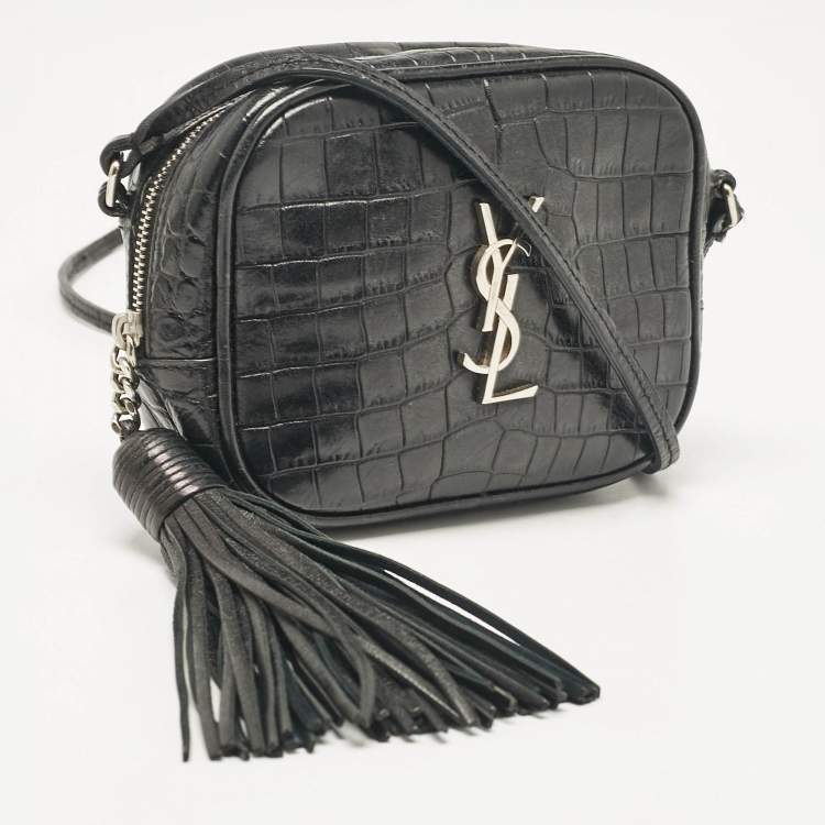Pre Owned Saint Laurent Black Croc Embossed Leather Blogger Crossbody Bag