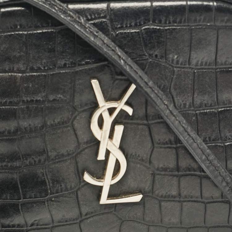 Pre Owned Saint Laurent Black Croc Embossed Leather Blogger Crossbody Bag