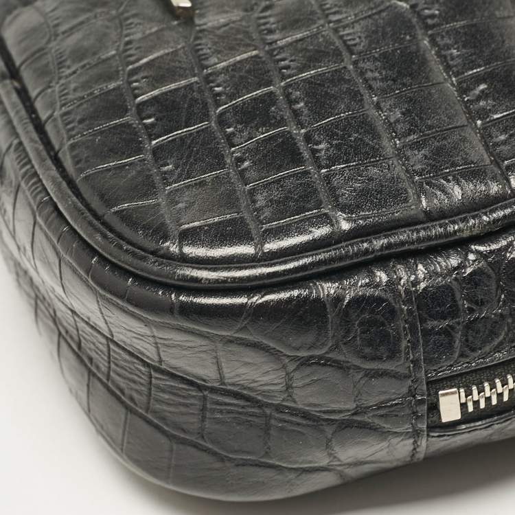 Pre Owned Saint Laurent Black Croc Embossed Leather Blogger Crossbody Bag