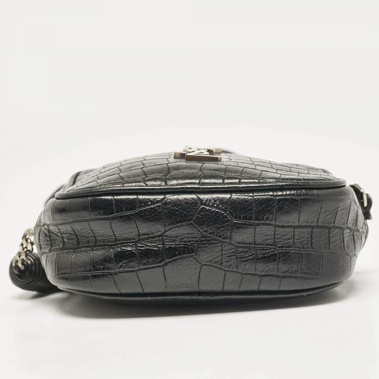 Pre Owned Saint Laurent Black Croc Embossed Leather Blogger Crossbody Bag