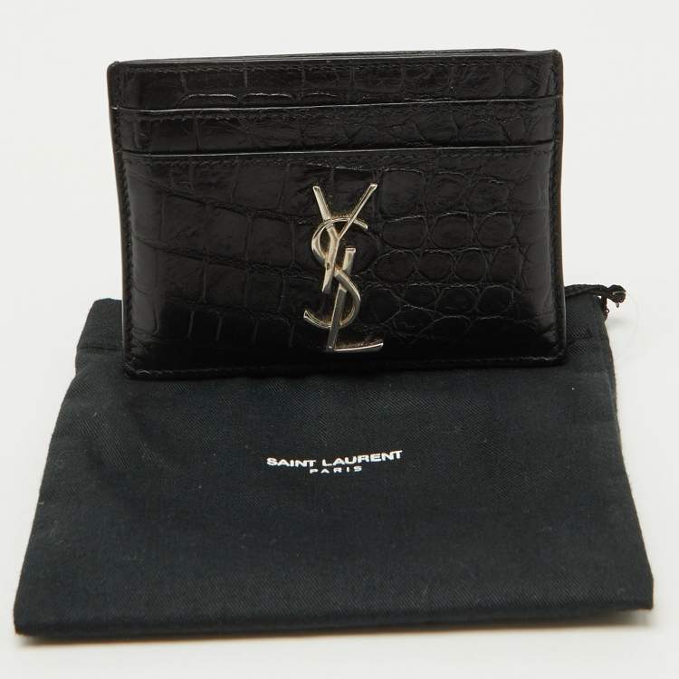 Pre Owned Saint Laurent Black Croc Embossed Leather Monogram Card Holder