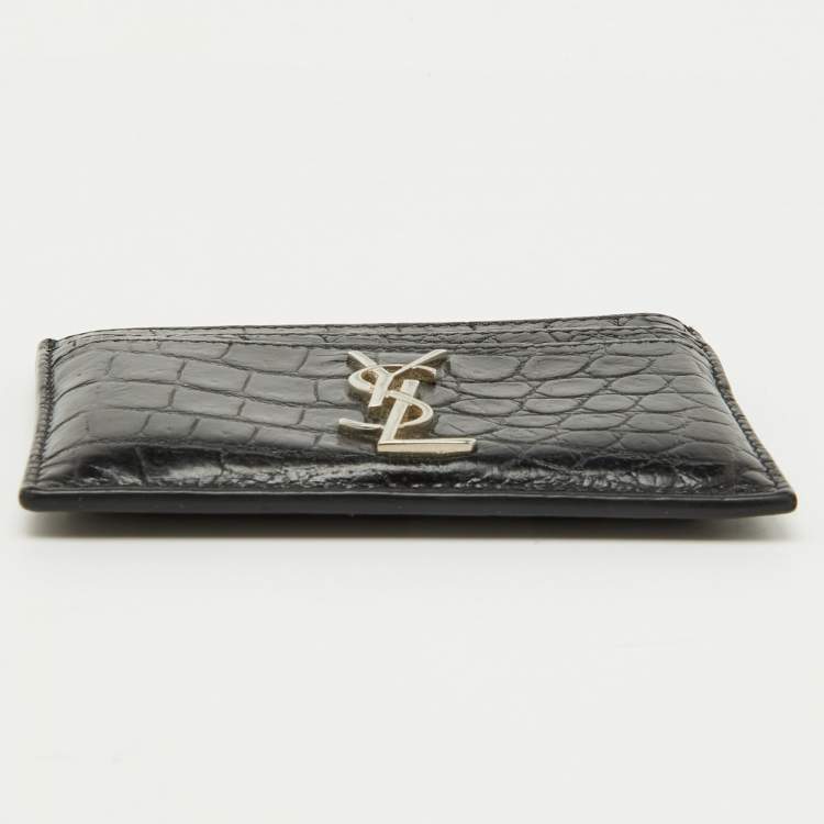 Pre Owned Saint Laurent Black Croc Embossed Leather Monogram Card Holder