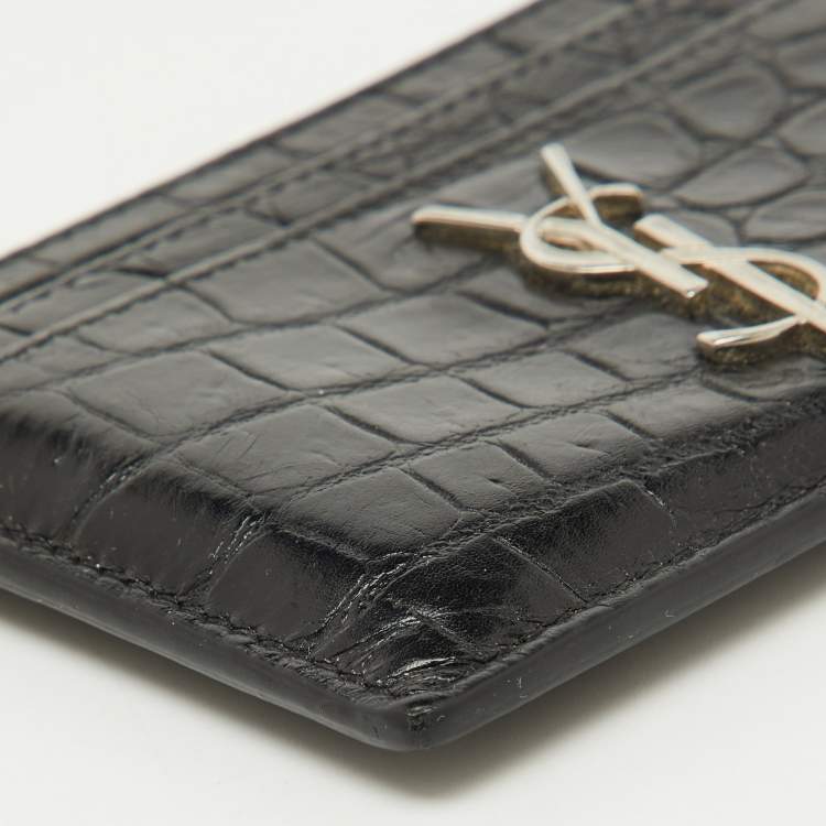 Pre Owned Saint Laurent Black Croc Embossed Leather Monogram Card Holder