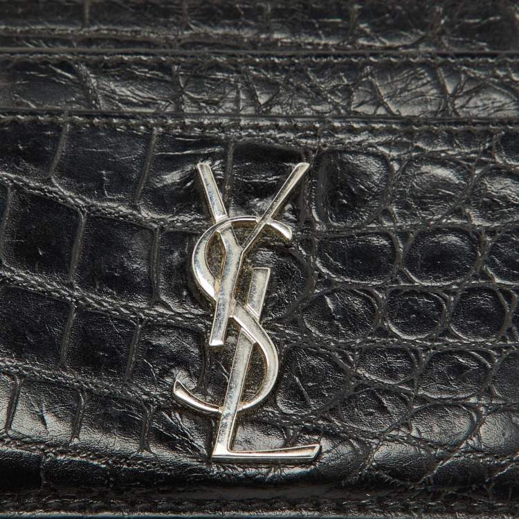 Pre Owned Saint Laurent Black Croc Embossed Leather Monogram Card Holder