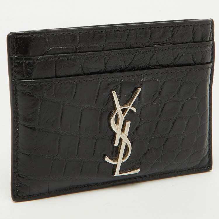 Pre Owned Saint Laurent Black Croc Embossed Leather Monogram Card Holder