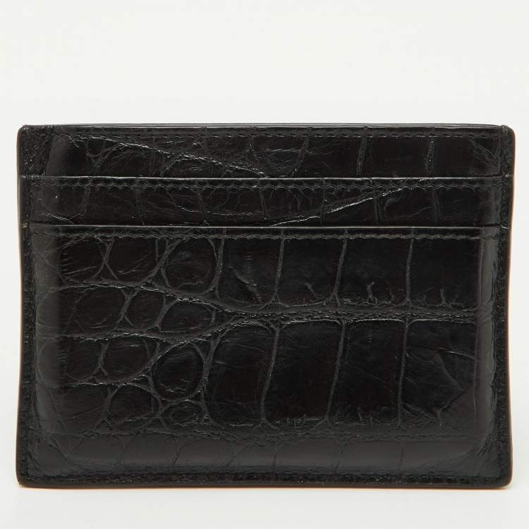 Pre Owned Saint Laurent Black Croc Embossed Leather Monogram Card Holder