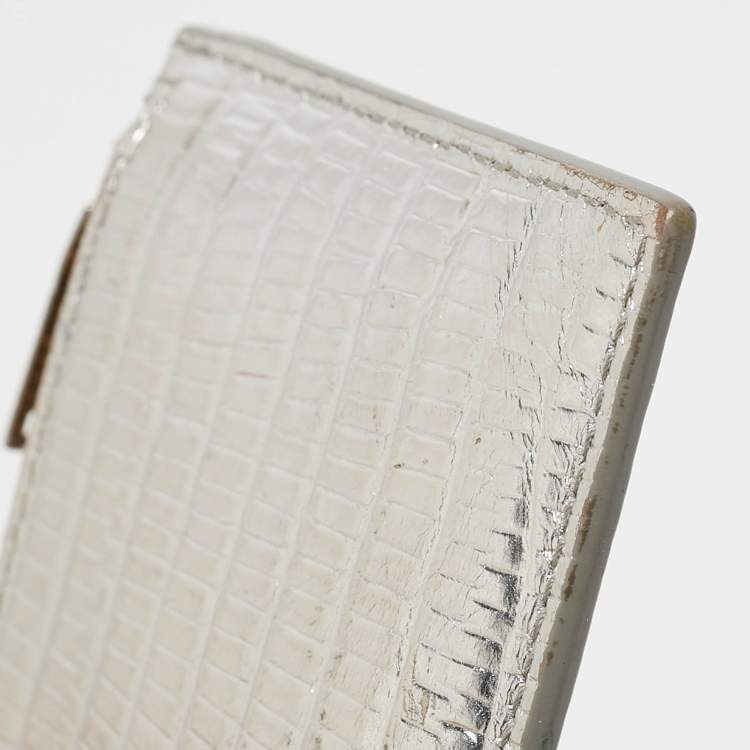 Pre Owned Saint Laurent Silver Textured Leather Zip Card Holder