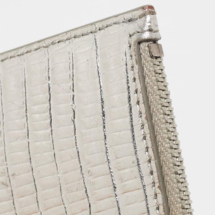 Pre Owned Saint Laurent Silver Textured Leather Zip Card Holder