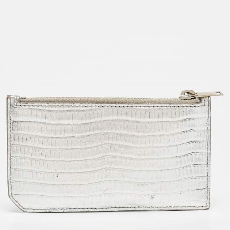 Pre Owned Saint Laurent Silver Textured Leather Zip Card Holder