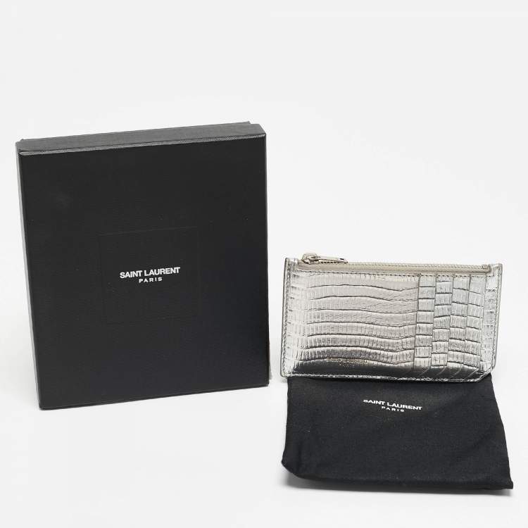 Pre Owned Saint Laurent Silver Textured Leather Zip Card Holder