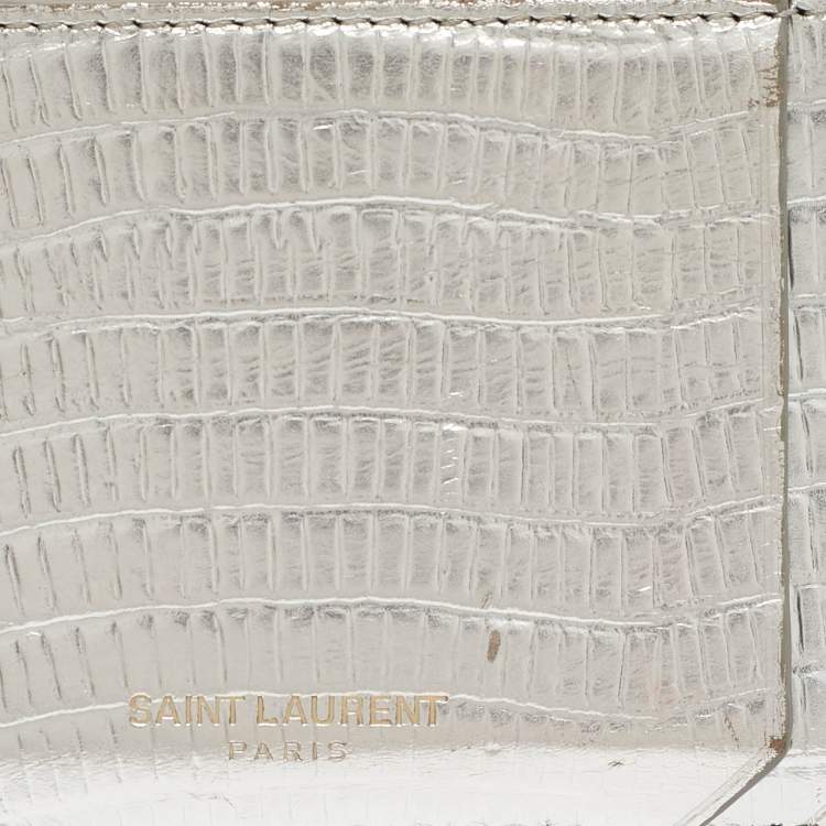 Pre Owned Saint Laurent Silver Textured Leather Zip Card Holder
