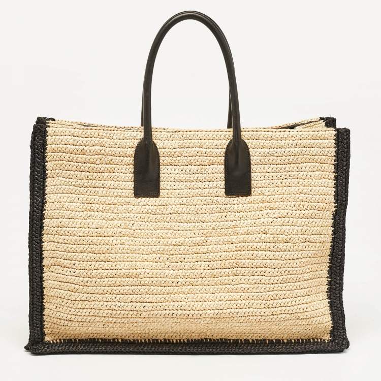 Pre Owned Saint Laurent Black/Natural Woven Straw Large Rive Gauche Tote