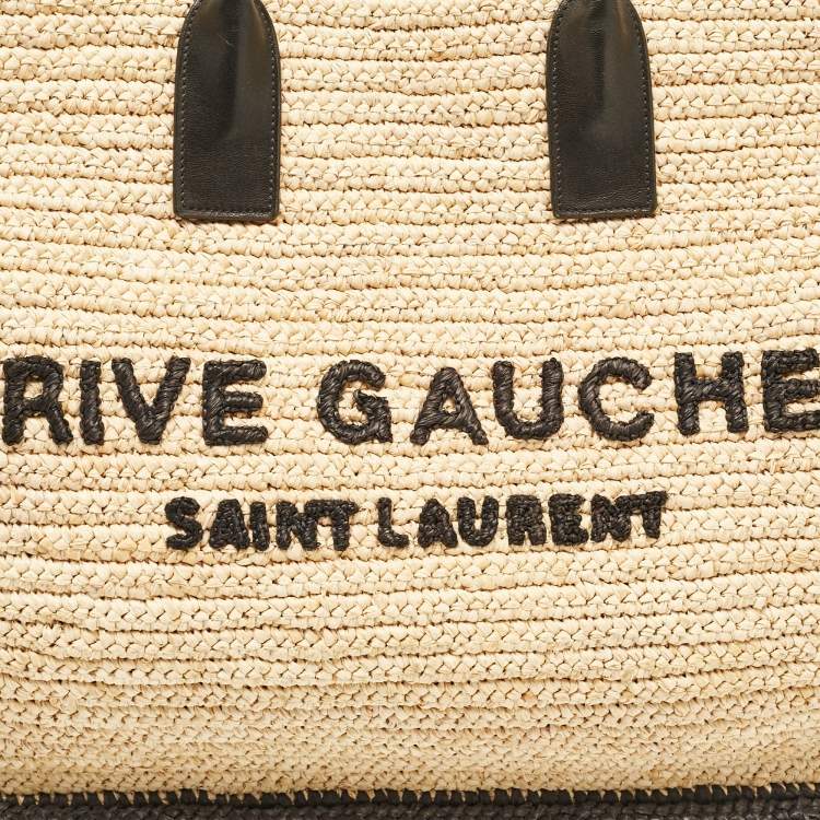 Pre Owned Saint Laurent Black/Natural Woven Straw Large Rive Gauche Tote