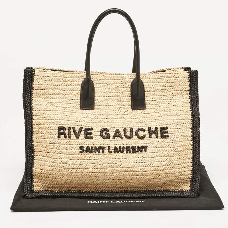 Pre Owned Saint Laurent Black/Natural Woven Straw Large Rive Gauche Tote