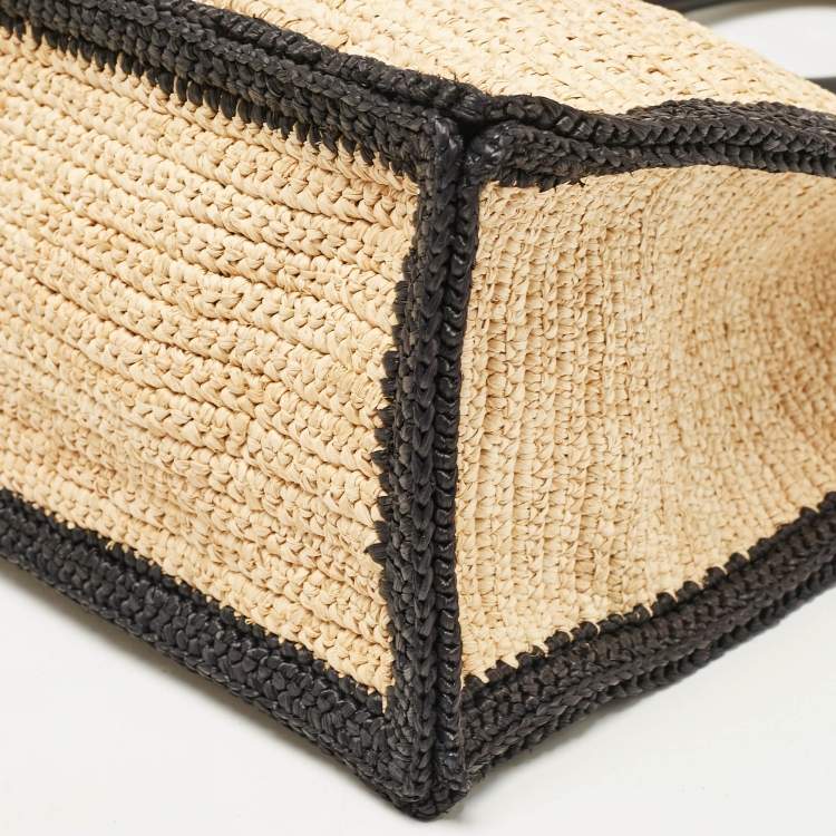 Pre Owned Saint Laurent Black/Natural Woven Straw Large Rive Gauche Tote