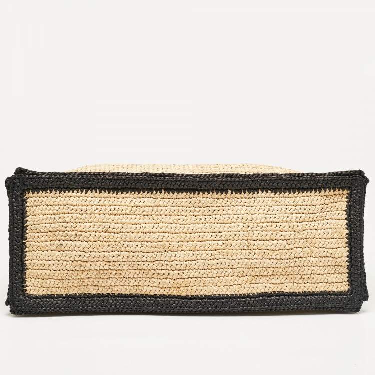 Pre Owned Saint Laurent Black/Natural Woven Straw Large Rive Gauche Tote