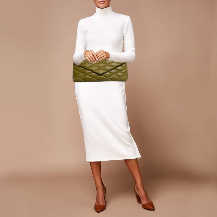 Pre Owned Saint Laurent Olive Green Quilted Leather Puffer Sade Envelope Clutch