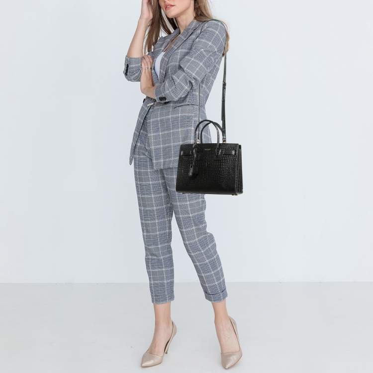 Pre Owned Saint Laurent Black Croc Embossed Leather Baby Classic Sac De Jour Tote
