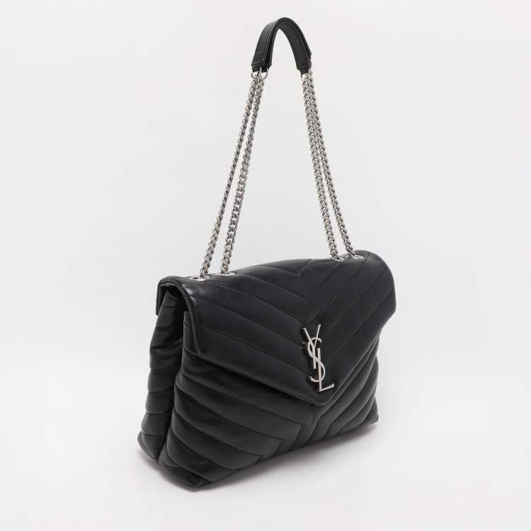 Pre Owned Saint Laurent Black Matelassé Leather Medium Loulou Shoulder Bag
