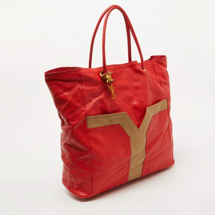 Pre Owned Yves Saint Laurent Red/Brown Leather Lucky Chyc Tote