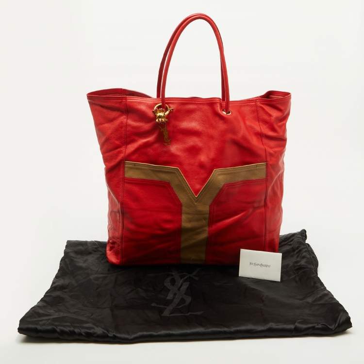 Pre Owned Yves Saint Laurent Red/Brown Leather Lucky Chyc Tote