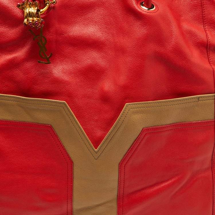 Pre Owned Yves Saint Laurent Red/Brown Leather Lucky Chyc Tote