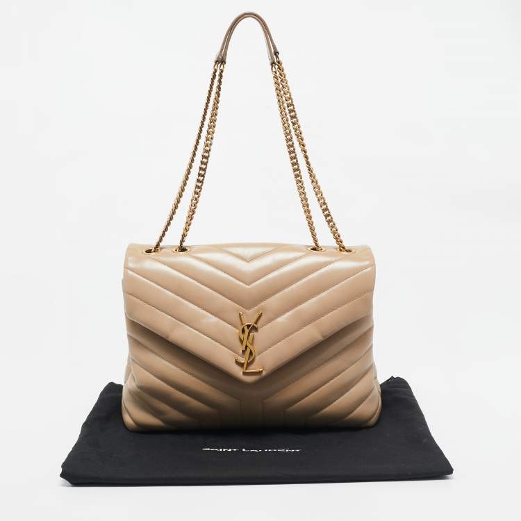 Pre Owned Saint Laurent Beige Matelassé Leather Medium Loulou Shoulder Bag