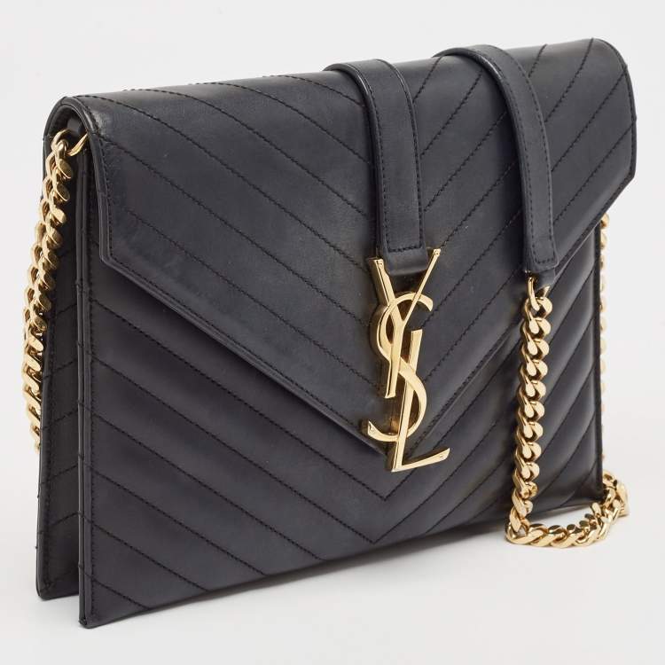 Pre Owned Saint Laurent Black Leather Monogram Envelope Chain Bag