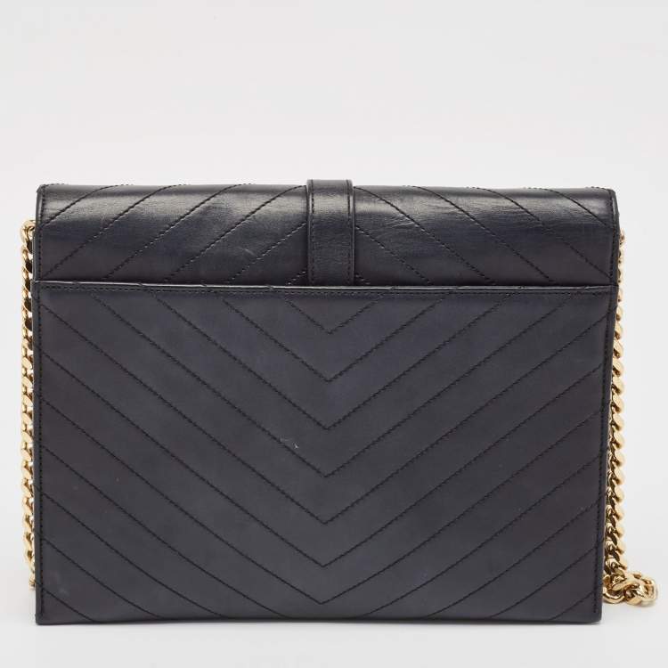 Pre Owned Saint Laurent Black Leather Monogram Envelope Chain Bag