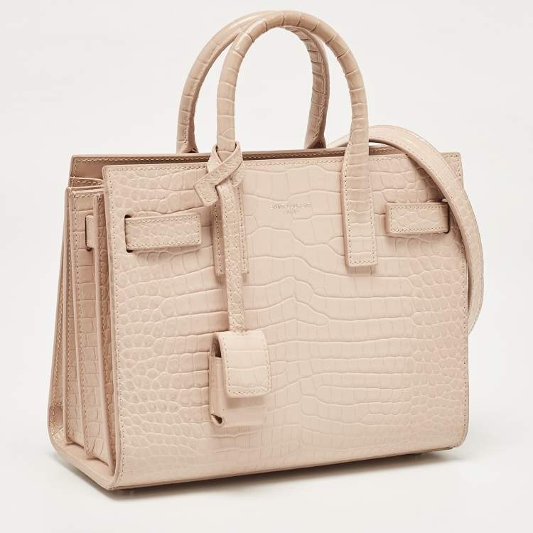 Pre Owned Saint Laurent Pink Croc Embossed Leather Nano Classic Sac De Jour Tote