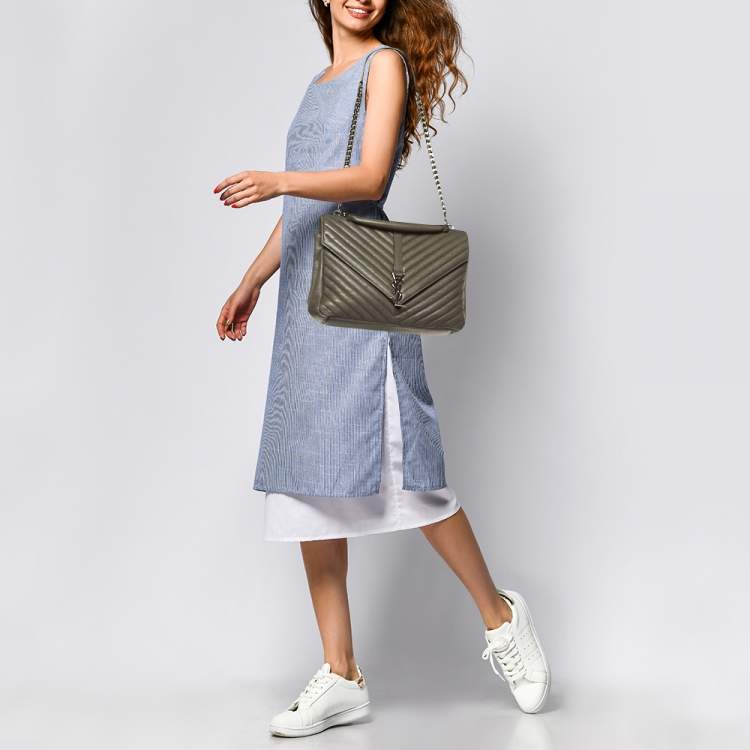 Pre Owned Saint Laurent Grey Matelasse Leather Large College Top Handle Bag