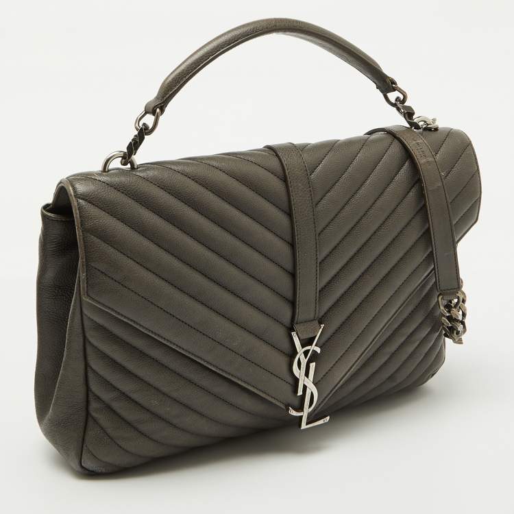 Pre Owned Saint Laurent Grey Matelasse Leather Large College Top Handle Bag