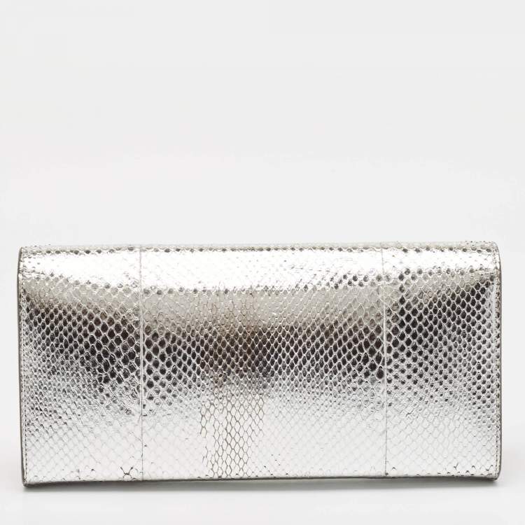 Pre Owned Saint Laurent Silver Python Kate Monogram Clutch