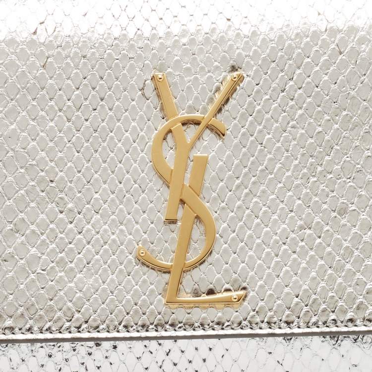 Pre Owned Saint Laurent Silver Python Kate Monogram Clutch