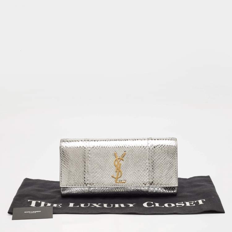 Pre Owned Saint Laurent Silver Python Kate Monogram Clutch