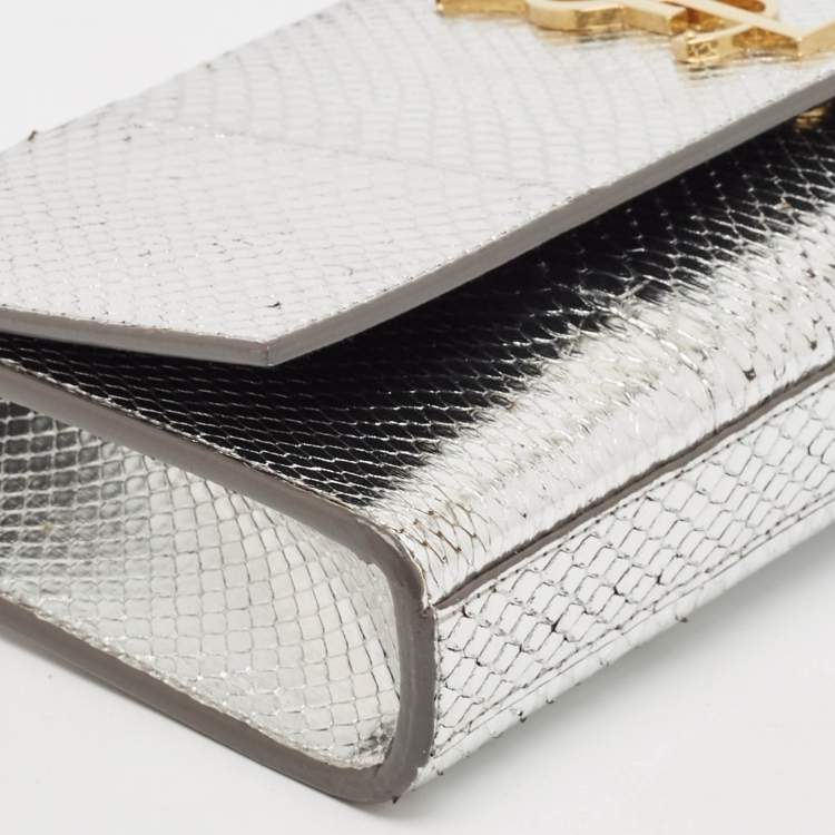 Pre Owned Saint Laurent Silver Python Kate Monogram Clutch