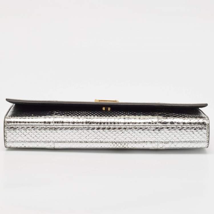Pre Owned Saint Laurent Silver Python Kate Monogram Clutch