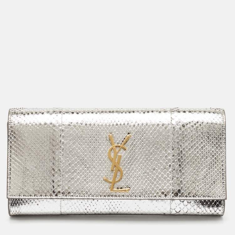 Pre Owned Saint Laurent Silver Python Kate Monogram Clutch