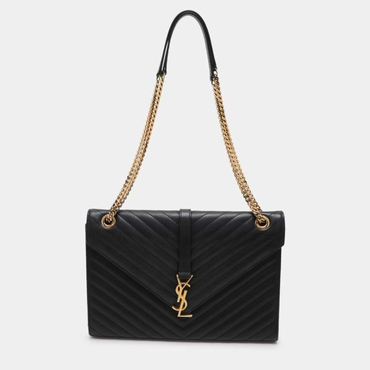Pre Owned Saint Laurent Black Chevron Leather Large Monogram Envelope Shoulder Bag