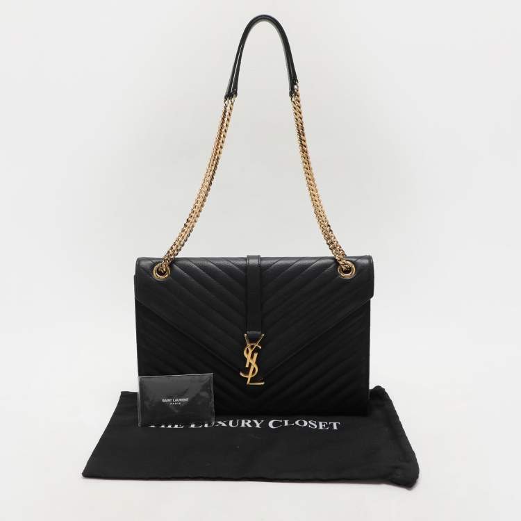 Pre Owned Saint Laurent Black Chevron Leather Large Monogram Envelope Shoulder Bag