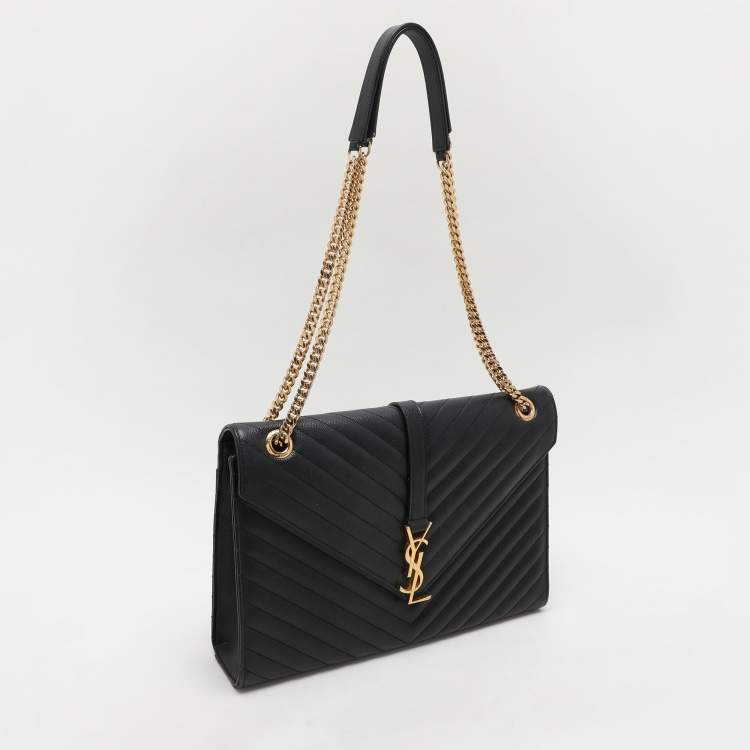 Pre Owned Saint Laurent Black Chevron Leather Large Monogram Envelope Shoulder Bag