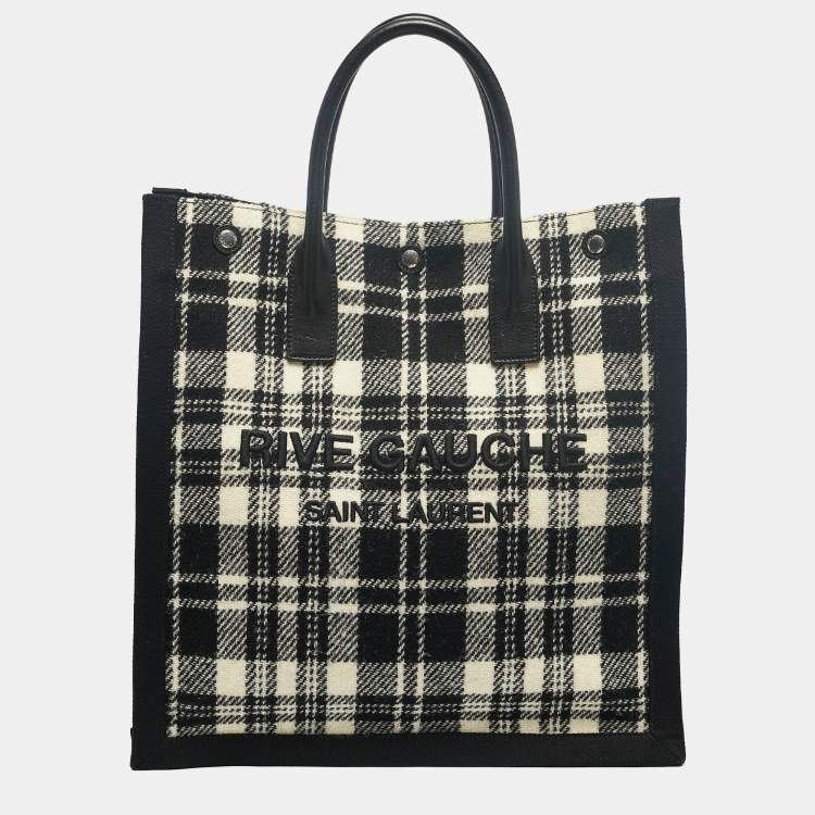 Pre Owned Saint Laurent Black/Cream Checkered Tweed Rive Gauche Vertical Tote