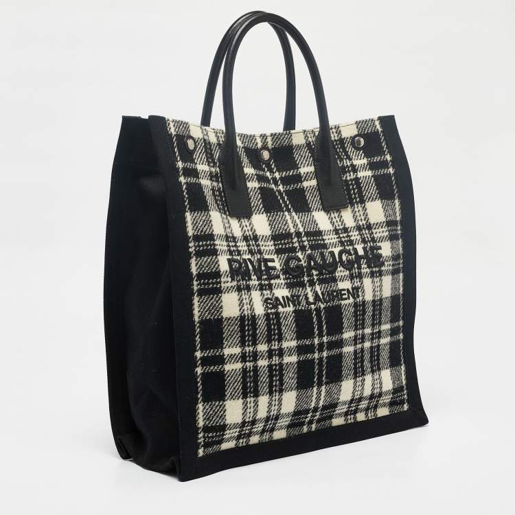Pre Owned Saint Laurent Black/Cream Checkered Tweed Rive Gauche Vertical Tote
